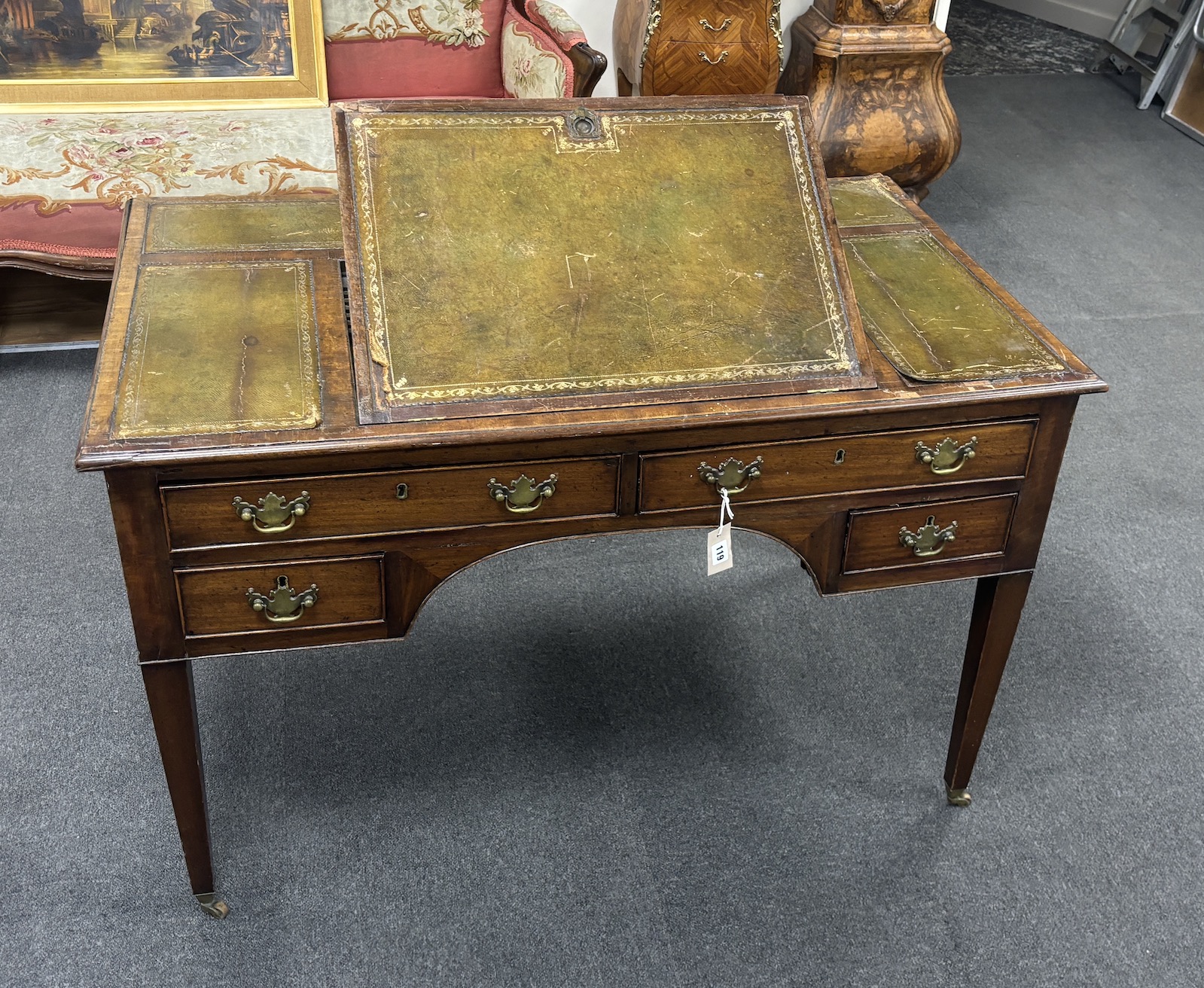 An early 19th century mahogany kneehole desk, width 117cm, depth 69cm, height 75cm